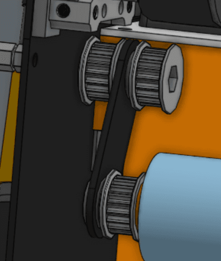 CAD render: a black bracket links the intake roller to the robot, with a pulley on each end and a belt between them